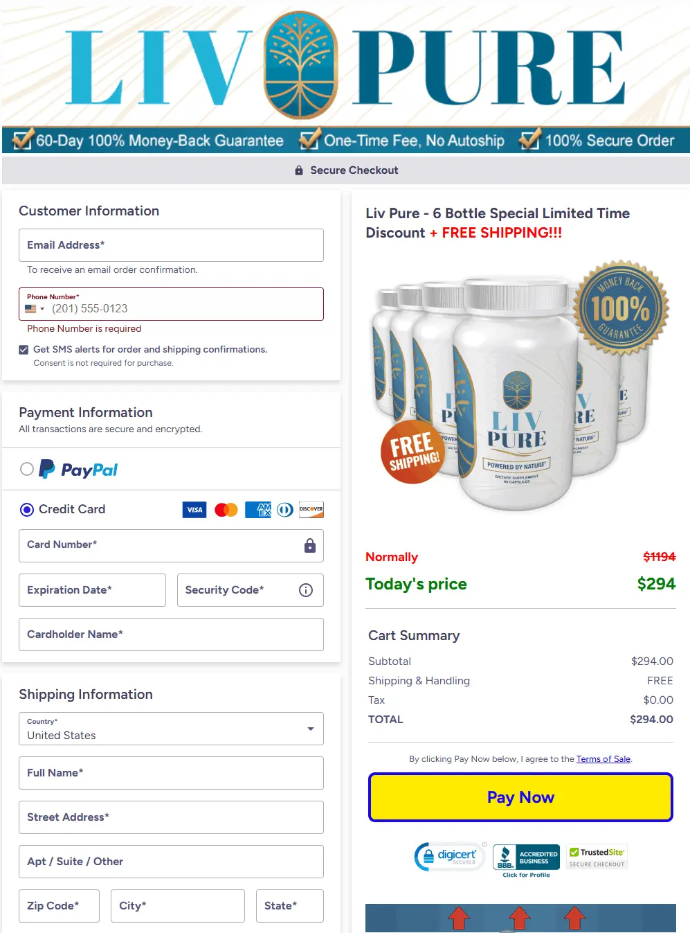 Secure Liv Pure checkout page for placing your order